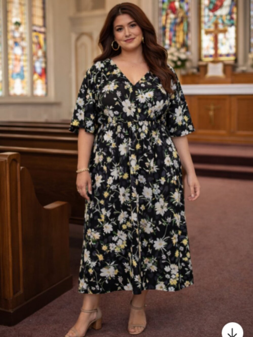 Cato Floral Midi Dress 22/24W Black Yellow White Flutter Sleeve Stretch Office